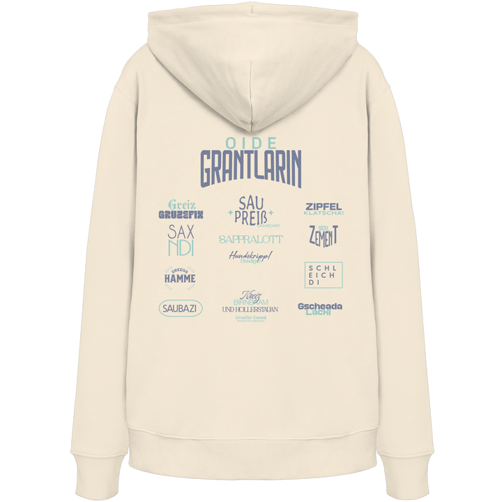 Naturfarbener Oversize Hoodie mit großem Backprint „Oide Grantlarin“ sowie bayerischen Dialektbegriffen im modernen Typografie-Design von Grantler Gwand.