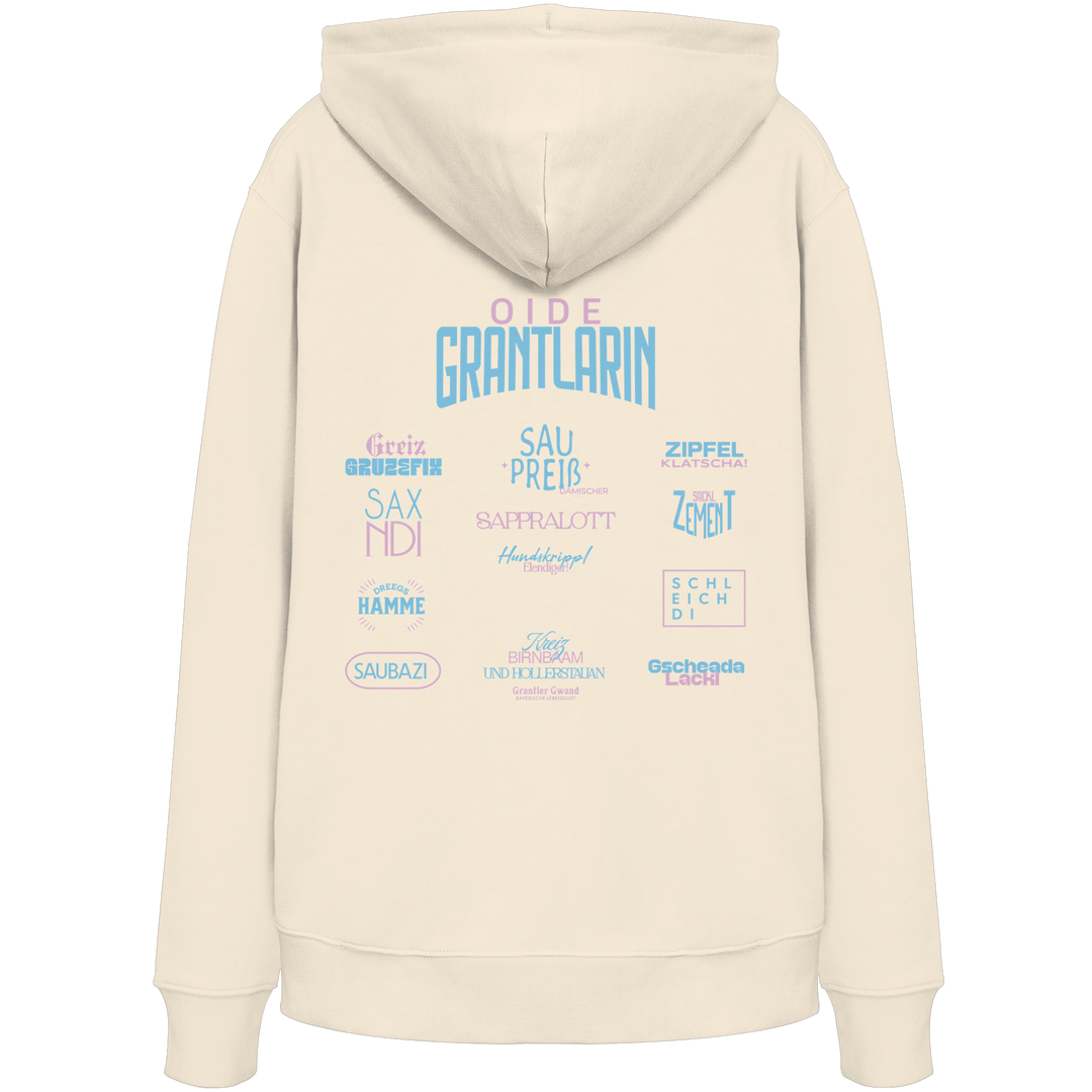Naturfarbener Hoodie mit großem Backprint „Oide Grantlarin“ sowie bayerischen Dialektbegriffen im modernen Typografie-Design von Grantler Gwand.