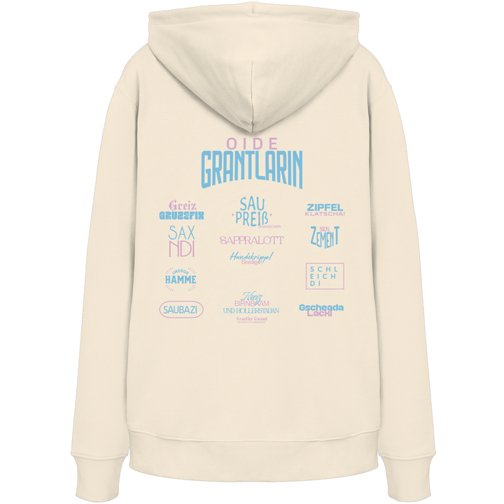 Naturfarbener Hoodie mit großem Backprint „Oide Grantlarin“ sowie bayerischen Dialektbegriffen im modernen Typografie-Design von Grantler Gwand.