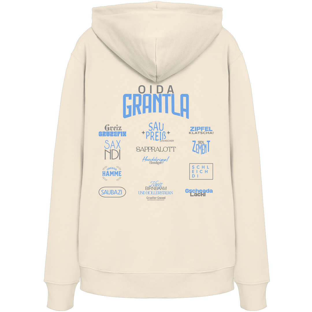 Naturfarbener Hoodie mit großem Backprint „Oida Grantla“ und verschiedenen bayerischen Dialektbegriffen wie Saupreis, Saxnidi, Zipfelklatscha und Schleich di von Grantler Gwand.