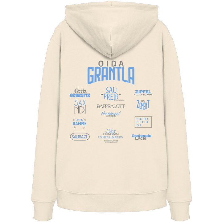 Naturfarbener Hoodie mit großem Backprint „Oida Grantla“ und verschiedenen bayerischen Dialektbegriffen wie Saupreis, Saxnidi, Zipfelklatscha und Schleich di von Grantler Gwand.