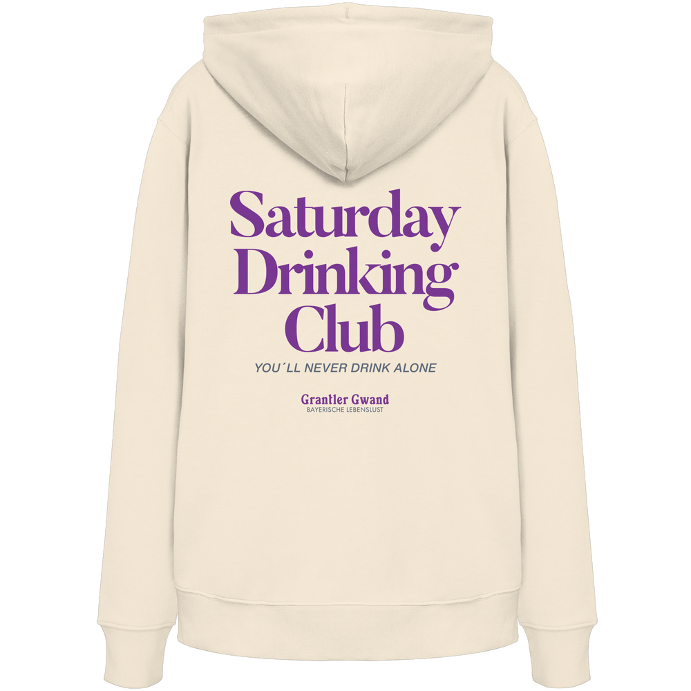 Naturfarbener Hoodie mit großem Rückenprint „Saturday Drinking Club“ in Blau und rotem Schriftzug „You'll never drink alone“.