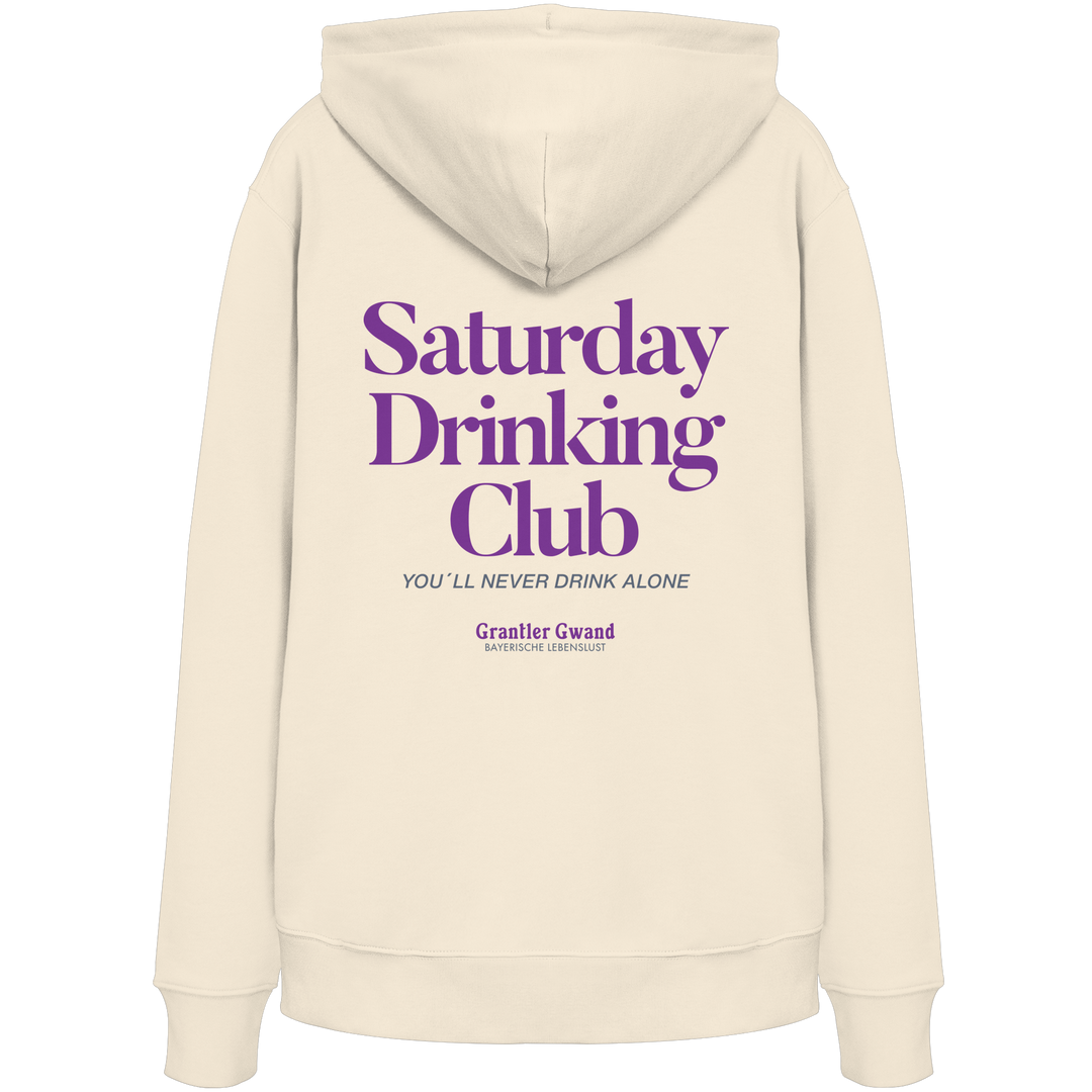 Naturfarbener Hoodie mit großem Rückenprint „Saturday Drinking Club“ in Blau und rotem Schriftzug „You&