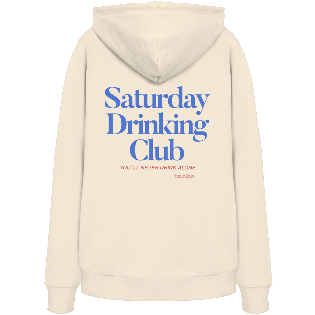 Naturfarbener Hoodie mit großem Rückenprint „Saturday Drinking Club“ in Blau und rotem Schriftzug „You&