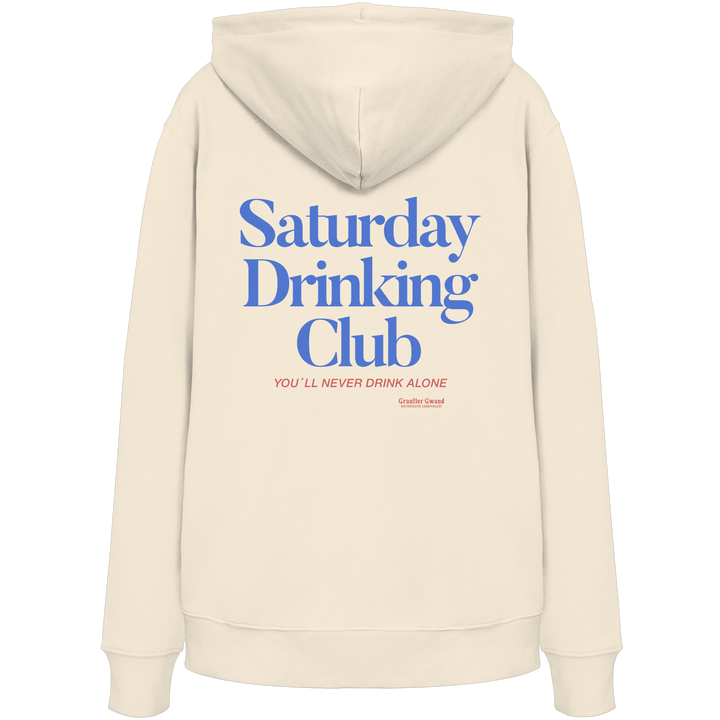 Naturfarbener Hoodie mit großem Rückenprint „Saturday Drinking Club“ in Blau und rotem Schriftzug „You&