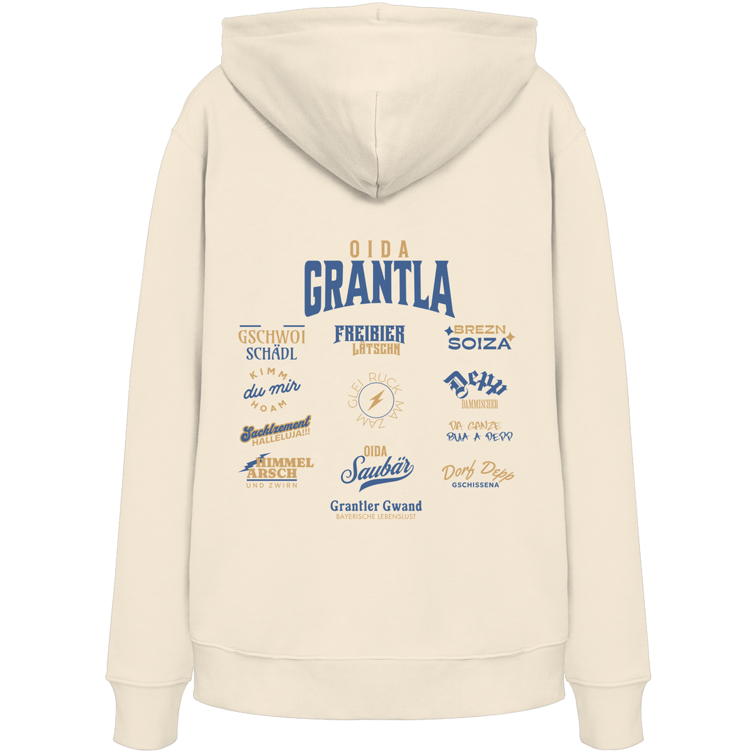 Naturfarbener Hoodie mit großem Backprint „Oida Grantla“ und verschiedenen bayerischen Dialektbegriffen wie Gschwoi Schädl, Freibier Låtschn, Brezn Soiza, Oida Saubär und Dorf Depp von Grantler Gwand.