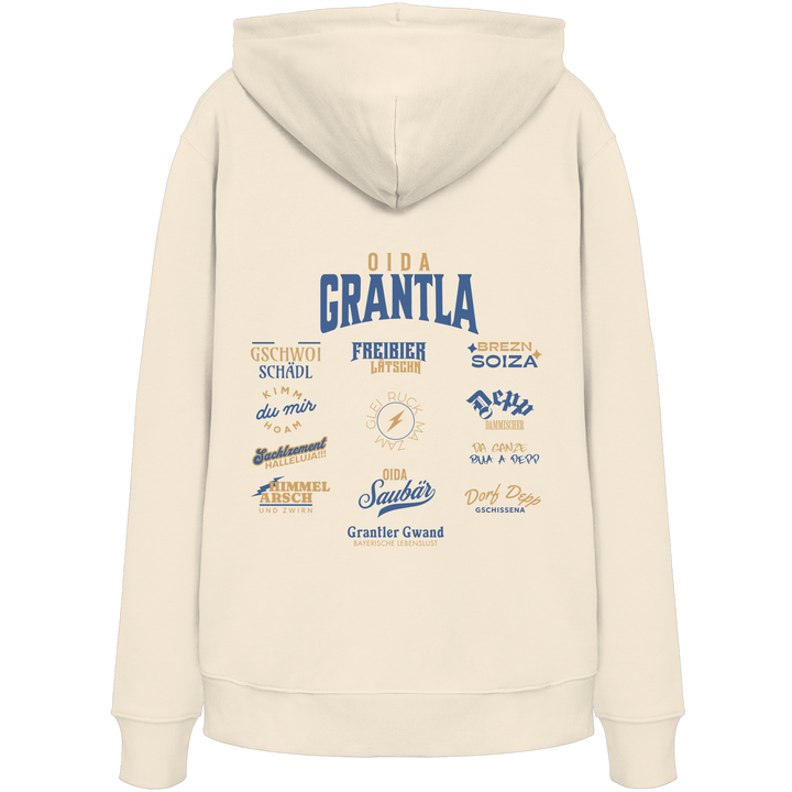 Naturfarbener Hoodie mit großem Backprint „Oida Grantla“ und verschiedenen bayerischen Dialektbegriffen wie Gschwoi Schädl, Freibier Låtschn, Brezn Soiza, Oida Saubär und Dorf Depp von Grantler Gwand.