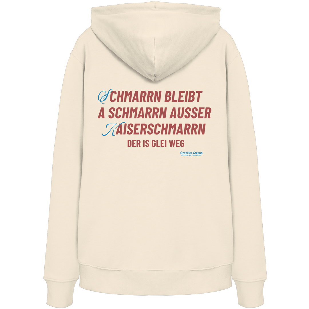 Naturfarbener Hoodie mit großem Backprint „Schmarrn bleibt a Schmarrn, außer Kaiserschmarrn – der is glei weg“.