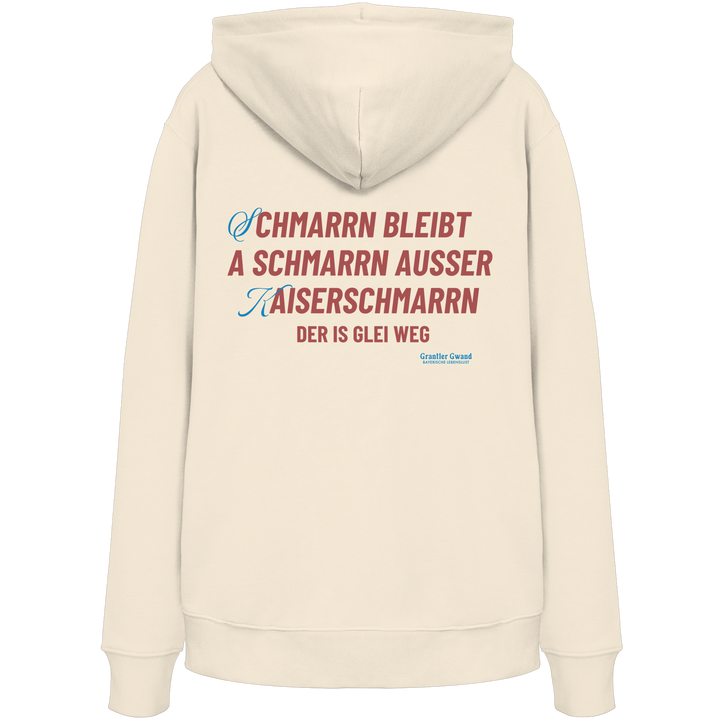 Naturfarbener Hoodie mit großem Backprint „Schmarrn bleibt a Schmarrn, außer Kaiserschmarrn – der is glei weg“.