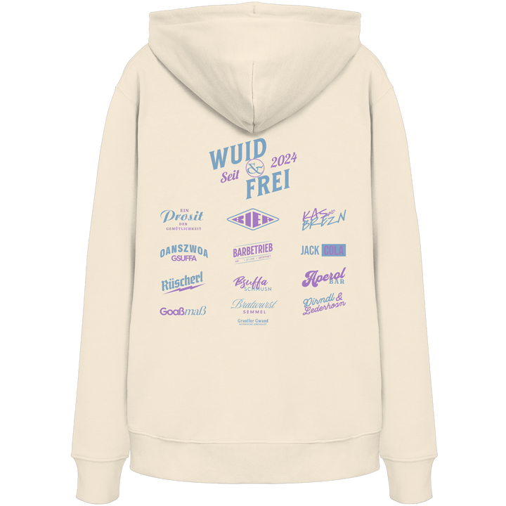 Naturfarbener Hoodie mit großem Backprint „Wuid &amp; Frei seit 2024“ sowie verschiedenen bayerischen Typografie-Designs und Dialektbegriffen.