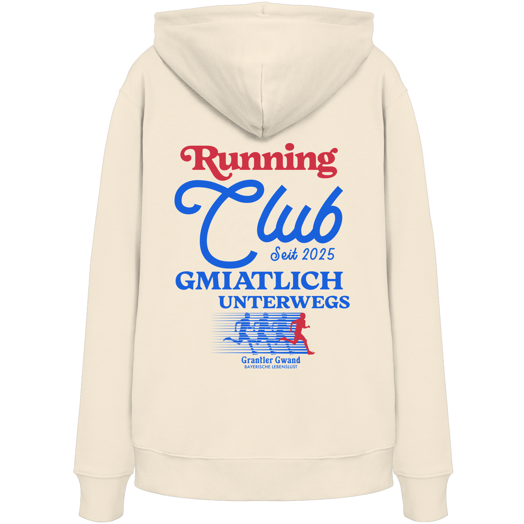 Cremefarbener Unisex Hoodie mit großem Running Club Backprint im Retro-Design in Blau und Rot – hochwertiger Baumwoll Hoodie mit bayerischem Streetwear-Style für Freizeit, Laufen und Sport von Grantler Gwand.