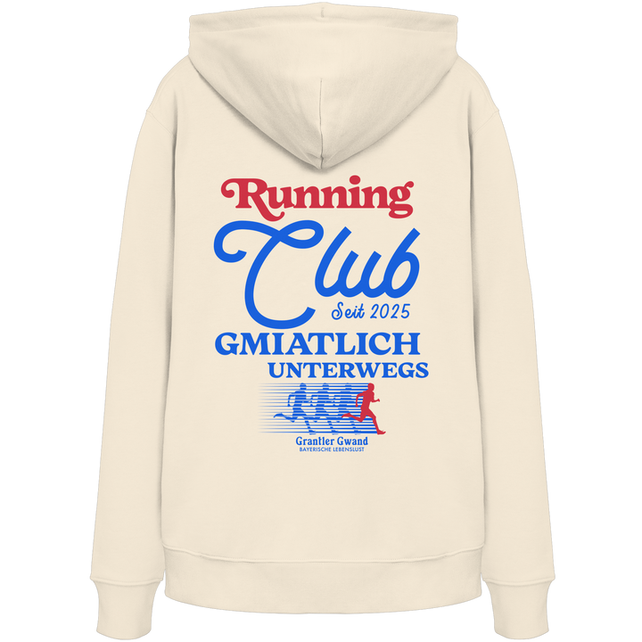 Cremefarbener Unisex Hoodie mit großem Running Club Backprint im Retro-Design in Blau und Rot – hochwertiger Baumwoll Hoodie mit bayerischem Streetwear-Style für Freizeit, Laufen und Sport von Grantler Gwand.