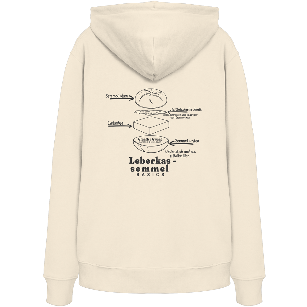 Cremefarbener Unisex Hoodie mit Backprint „Die wichtigste Bauanleitung Bayerns“ und humorvoller Leberkassemmel-Illustration – bayerischer Streetwear Hoodie von Grantler Gwand.