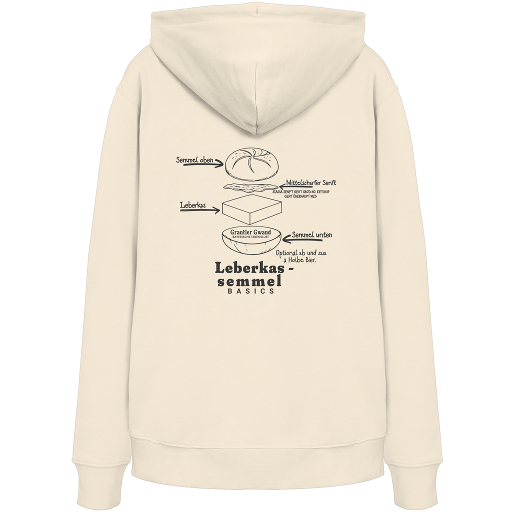 Cremefarbener Unisex Hoodie mit Backprint „Die wichtigste Bauanleitung Bayerns“ und humorvoller Leberkassemmel-Illustration – bayerischer Streetwear Hoodie von Grantler Gwand.