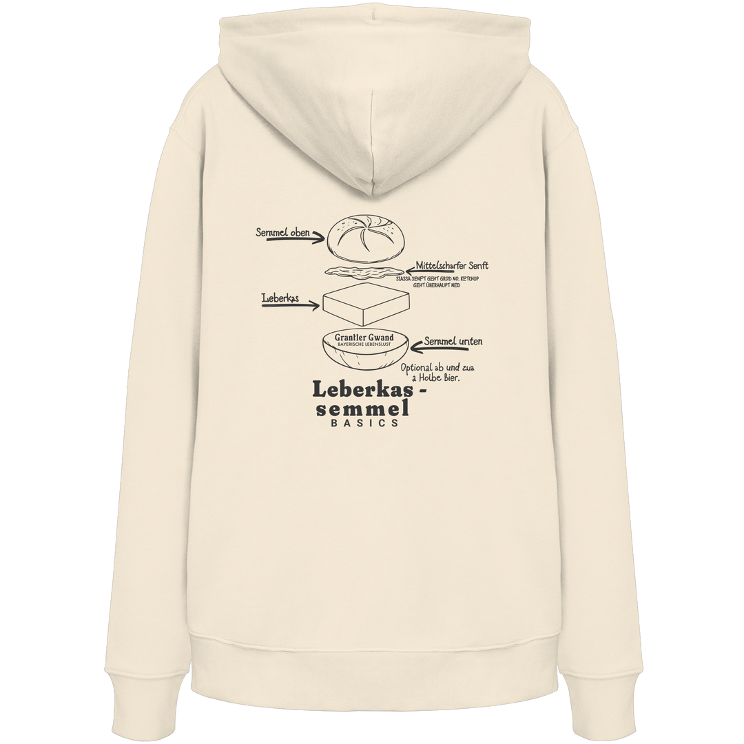Cremefarbener Unisex Hoodie mit Backprint „Die wichtigste Bauanleitung Bayerns“ und humorvoller Leberkassemmel-Illustration – bayerischer Streetwear Hoodie von Grantler Gwand.