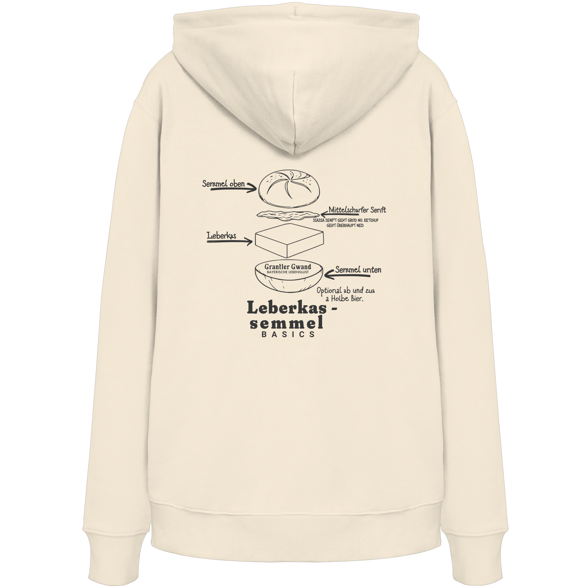 Cremefarbener Unisex Hoodie mit Backprint „Die wichtigste Bauanleitung Bayerns“ und humorvoller Leberkassemmel-Illustration – bayerischer Streetwear Hoodie von Grantler Gwand.