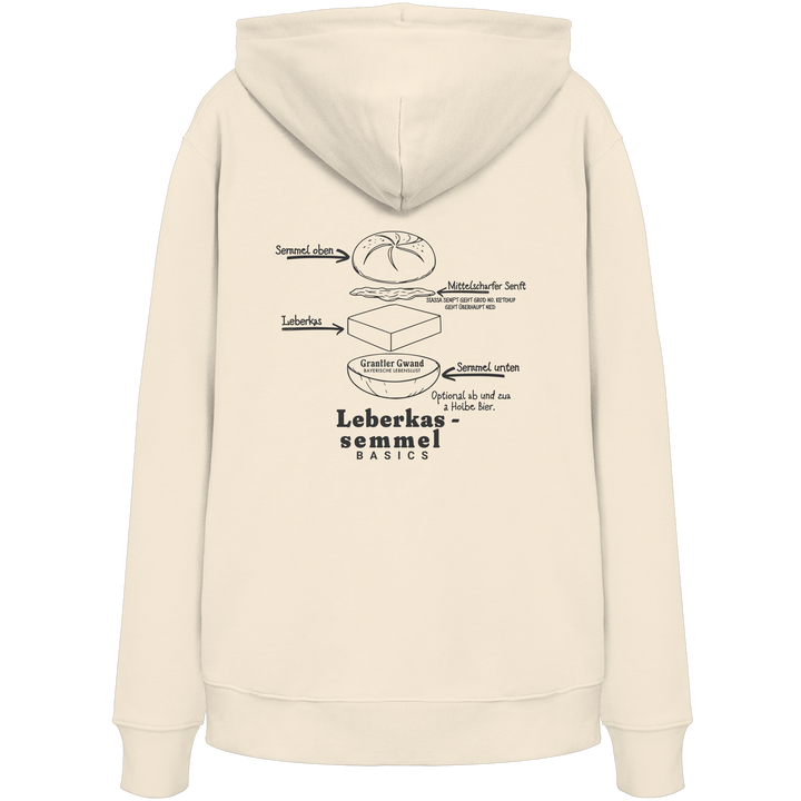 Cremefarbener Unisex Hoodie mit Backprint „Die wichtigste Bauanleitung Bayerns“ und humorvoller Leberkassemmel-Illustration – bayerischer Streetwear Hoodie von Grantler Gwand.