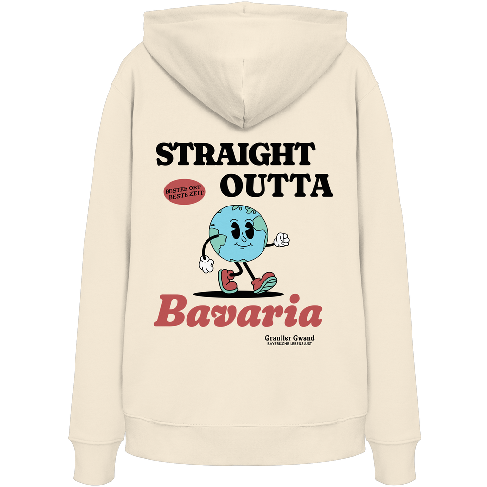 Naturfarbener Hoodie mit großem Backprint „Straight Outta Bavaria“, einer laufenden Weltkugel und dem Schriftzug „Bester Ort. Beste Zeit.“ von Grantler Gwand.