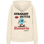 Naturfarbener Hoodie mit großem Backprint „Straight Outta Bavaria“, einer laufenden Weltkugel und dem Schriftzug „Bester Ort. Beste Zeit.“ von Grantler Gwand.
