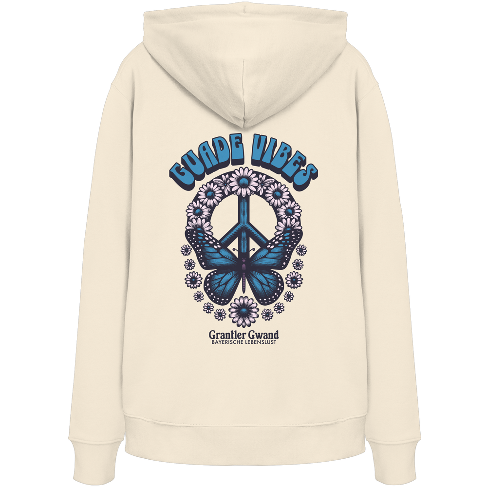 Cremefarbener Oversize Hoodie mit großem Backprint aus Peace-Zeichen, Schmetterling und Blumen sowie „Guade Vibes“ Schriftzug – hochwertiger Bio-Baumwoll Hoodie im bayerischen Streetwear-Style von Grantler Gwand.