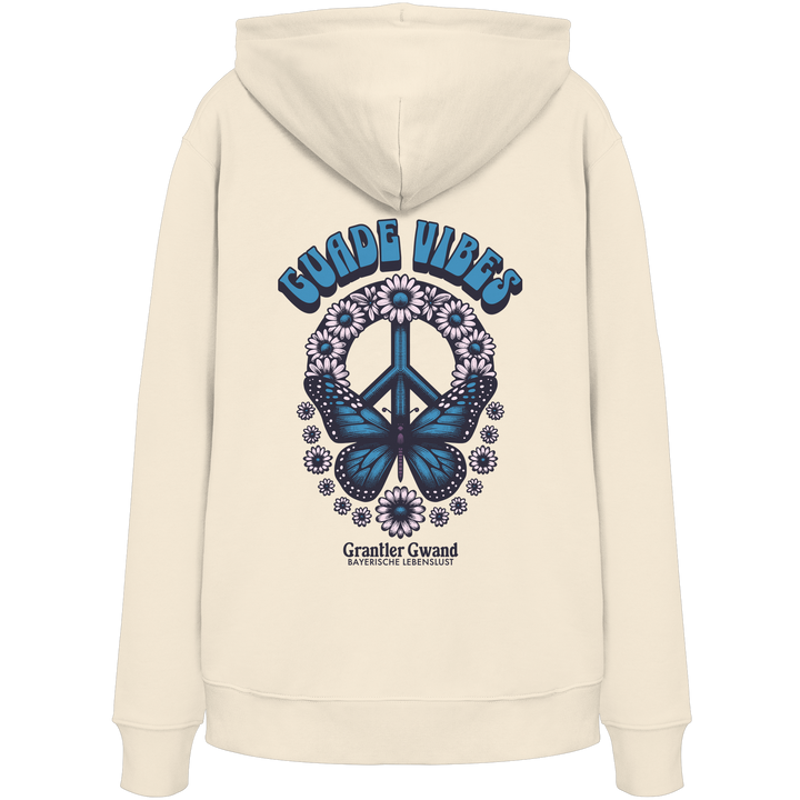 Cremefarbener Oversize Hoodie mit großem Backprint aus Peace-Zeichen, Schmetterling und Blumen sowie „Guade Vibes“ Schriftzug – hochwertiger Bio-Baumwoll Hoodie im bayerischen Streetwear-Style von Grantler Gwand.
