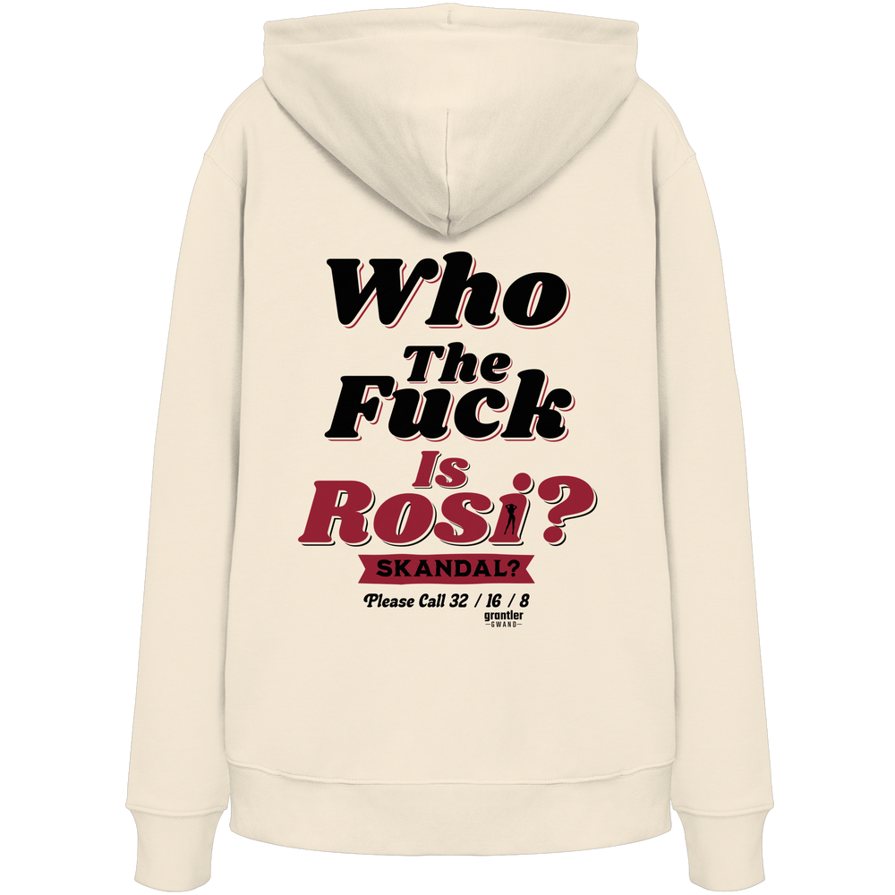 Naturfarbener Hoodie mit großem Backprint „Who The Fuck Is Rosi? Skandal?“ in Schwarz und Rot im Retro-Stil.