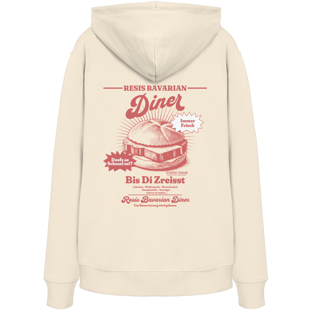 Cremefarbener Hoodie mit rotem Backprint „Resis Bavarian Diner“ – bayerischer Streetwear Hoodie mit Leberkässemmel im Vintage-Diner-Design von Grantler Gwand.