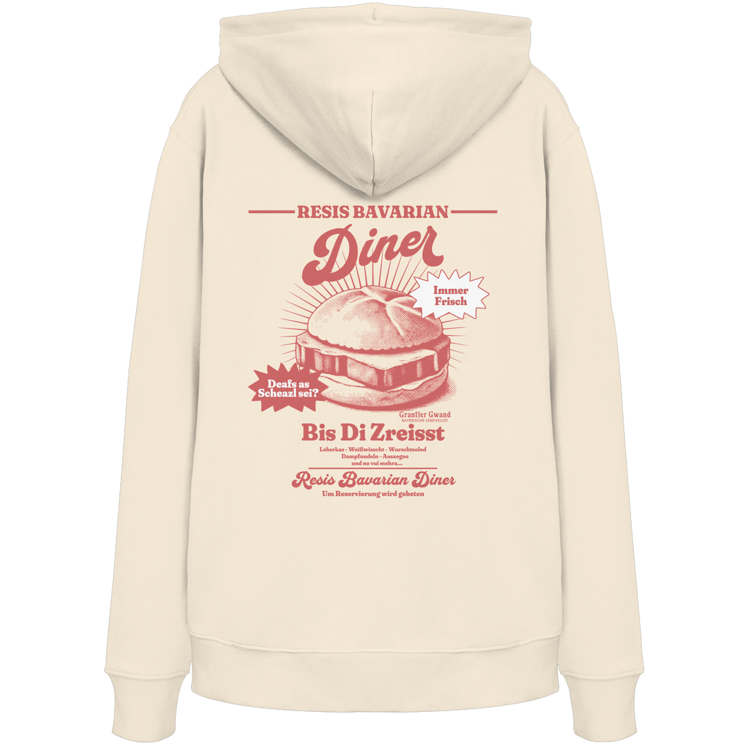 Cremefarbener Hoodie mit rotem Backprint „Resis Bavarian Diner“ – bayerischer Streetwear Hoodie mit Leberkässemmel im Vintage-Diner-Design von Grantler Gwand.