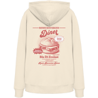 Cremefarbener Hoodie mit rotem Backprint „Resis Bavarian Diner“ – bayerischer Streetwear Hoodie mit Leberkässemmel im Vintage-Diner-Design von Grantler Gwand.