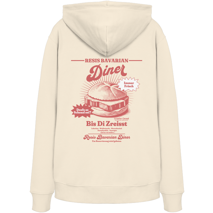 Cremefarbener Hoodie mit rotem Backprint „Resis Bavarian Diner“ – bayerischer Streetwear Hoodie mit Leberkässemmel im Vintage-Diner-Design von Grantler Gwand.