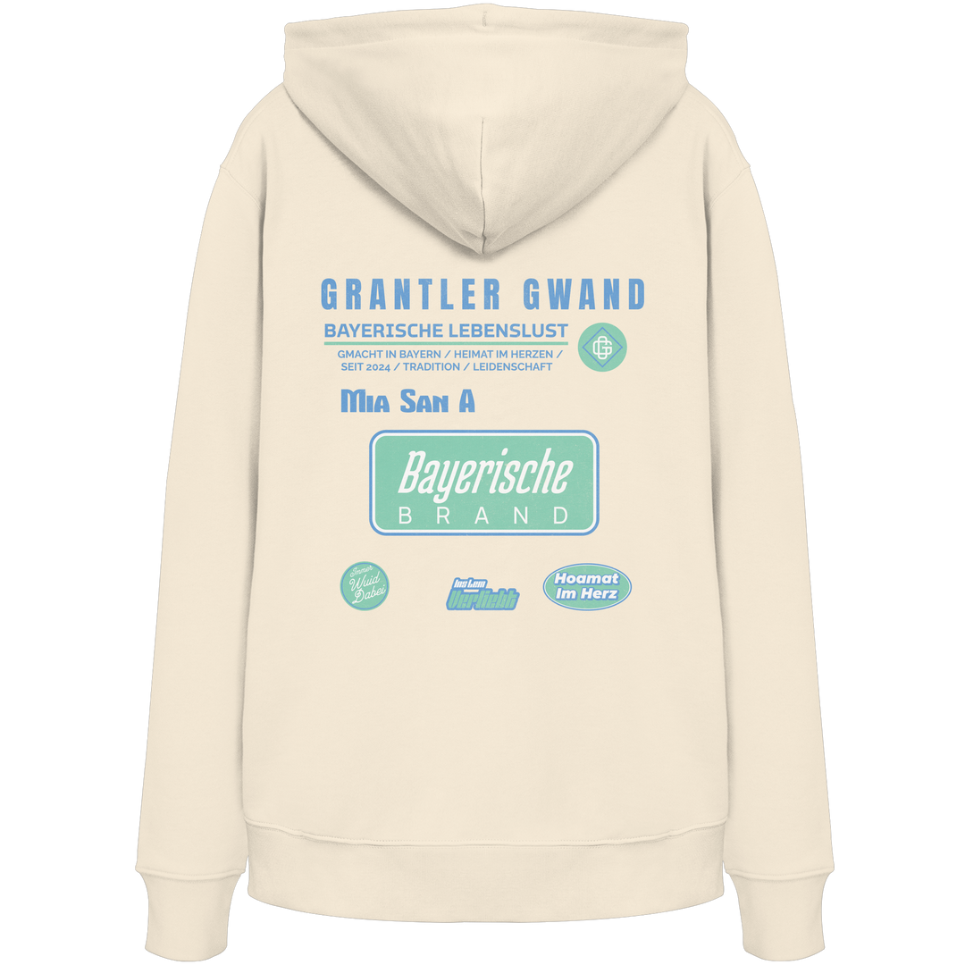 Naturfarbener Hoodie mit großem Grantler Gwand Backprint, blau-grünem „Bayerische Brand“-Schriftzug und moderner bayerischer Streetwear-Grafik.