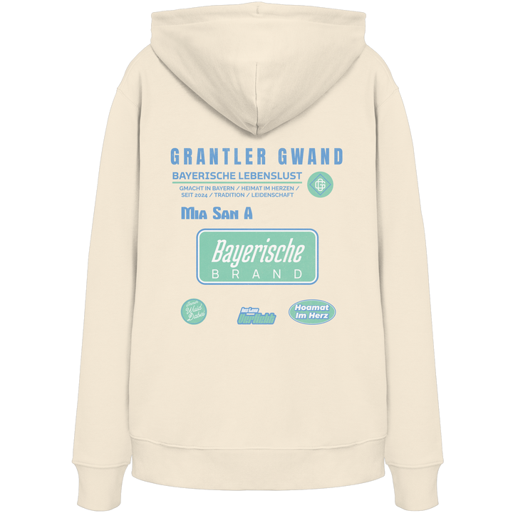 Naturfarbener Hoodie mit großem Grantler Gwand Backprint, blau-grünem „Bayerische Brand“-Schriftzug und moderner bayerischer Streetwear-Grafik.