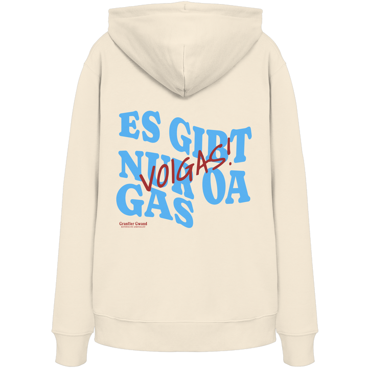 Naturfarbener Hoodie mit großem Backprint und dem bayerischen Spruch „Es gibt nur oa Gas“ im modernen Typografie-Design von Grantler Gwand.