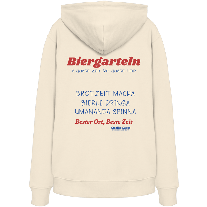 Cremefarbener Unisex Hoodie mit großem Biergarteln Backprint in Rot und bayerischem Statement „A guade Zeit mit guade Leid“. Hochwertiger Premium Hoodie für Biergarten, Volksfest, Stammtisch und moderne bayerische Streetwear. Designed und bedruckt in Bayern von Grantler Gwand.