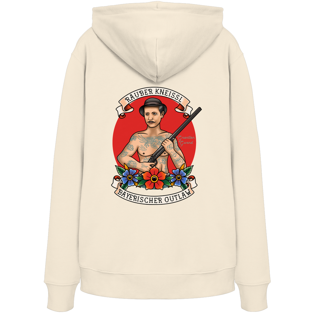 Beiger Unisex Hoodie mit Räuber Kneissl Frontprint im Tattoo-Style. Unisex Premium Hoodie aus Bio-Baumwolle mit bayerischem Motiv für Streetwear, Alltag und Festival. Designed und bedruckt in Bayern von Grantler Gwand.