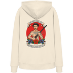 Beiger Unisex Hoodie mit Räuber Kneissl Frontprint im Tattoo-Style. Unisex Premium Hoodie aus Bio-Baumwolle mit bayerischem Motiv für Streetwear, Alltag und Festival. Designed und bedruckt in Bayern von Grantler Gwand.