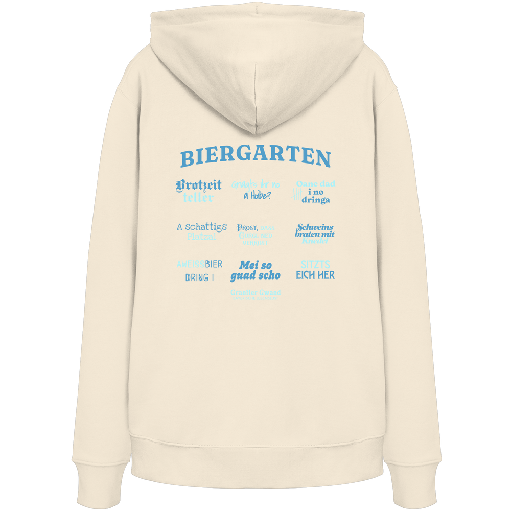Cremefarbener Unisex Hoodie mit blau-grünem „Biergarten“-Rückendruck im Retro-Design – hochwertiger  Hoodie von Grantler Gwand.