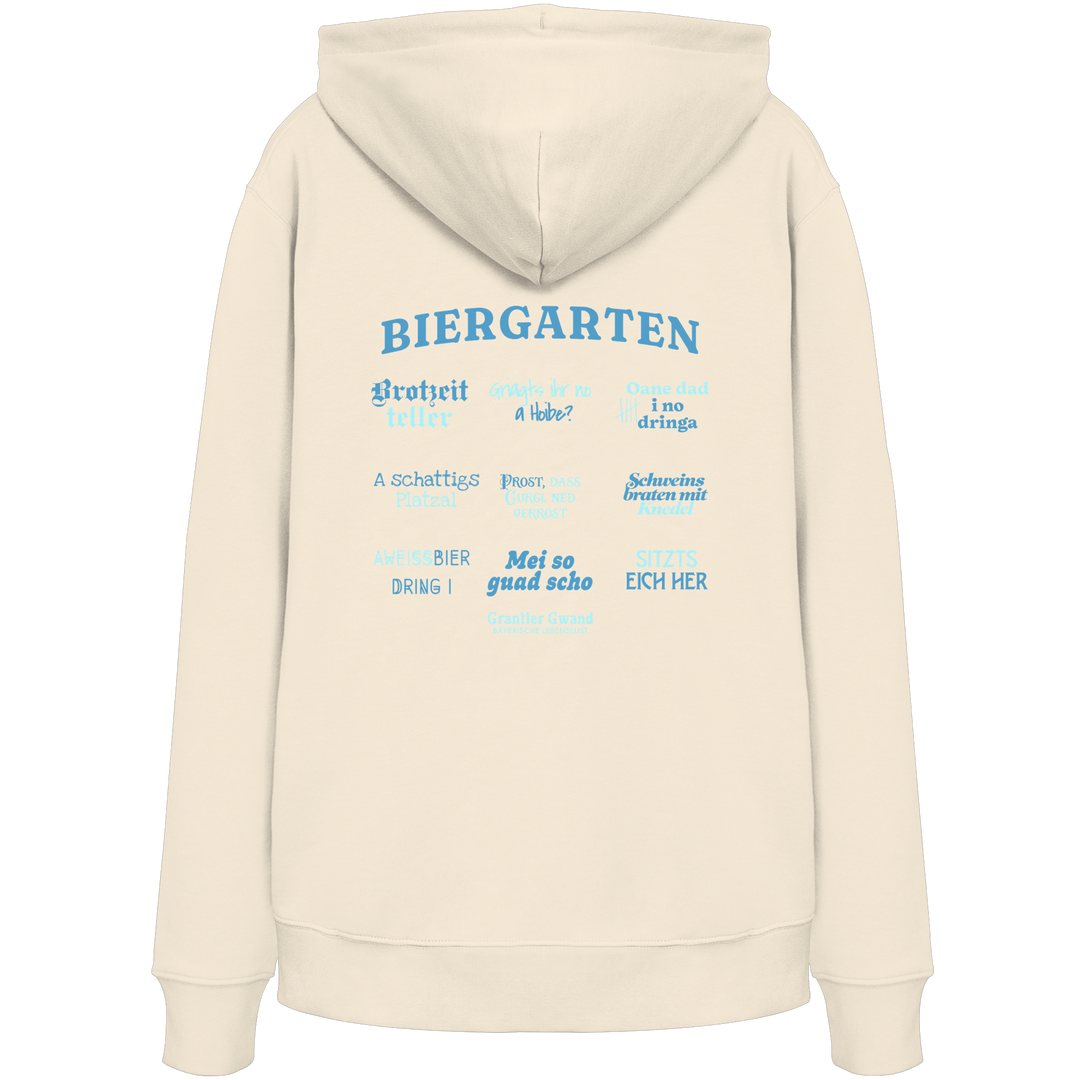 Cremefarbener Unisex Hoodie mit blau-grünem „Biergarten“-Rückendruck im Retro-Design – hochwertiger  Hoodie von Grantler Gwand.