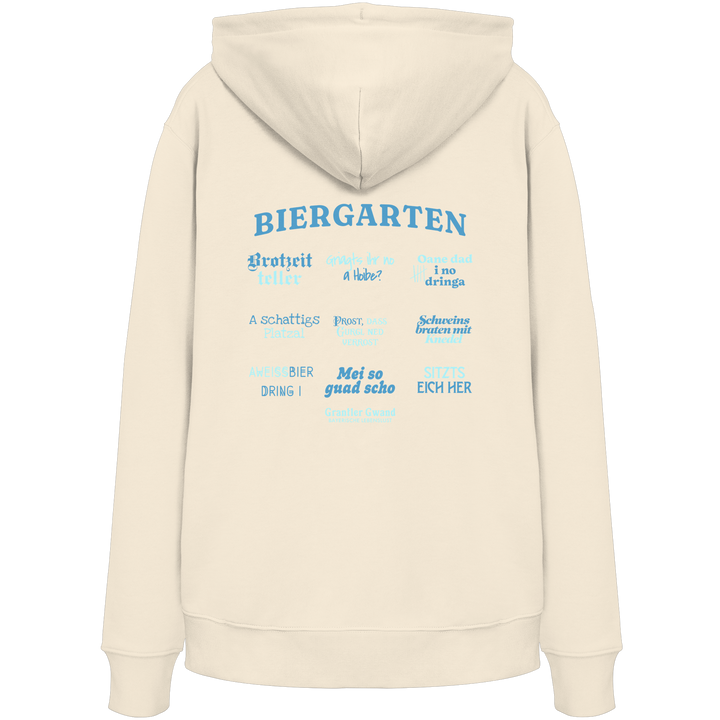 Cremefarbener Unisex Hoodie mit blau-grünem „Biergarten“-Rückendruck im Retro-Design – hochwertiger  Hoodie von Grantler Gwand.