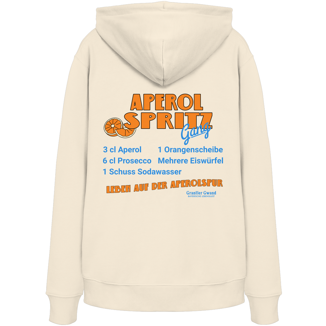 Beiger Unisex Hoodie mit großem Aperol Spritz Gang Backprint im Retro-Design mit Cocktail-Rezept. Hochwertiger Premium Hoodie für Sommer, Biergarten, Festival, Urlaub und moderne Streetwear. Designed und bedruckt in Bayern von Grantler Gwa