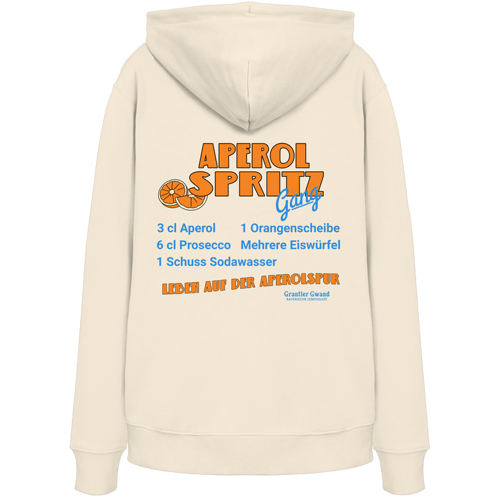 Beiger Unisex Hoodie mit großem Aperol Spritz Gang Backprint im Retro-Design mit Cocktail-Rezept. Hochwertiger Premium Hoodie für Sommer, Biergarten, Festival, Urlaub und moderne Streetwear. Designed und bedruckt in Bayern von Grantler Gwa