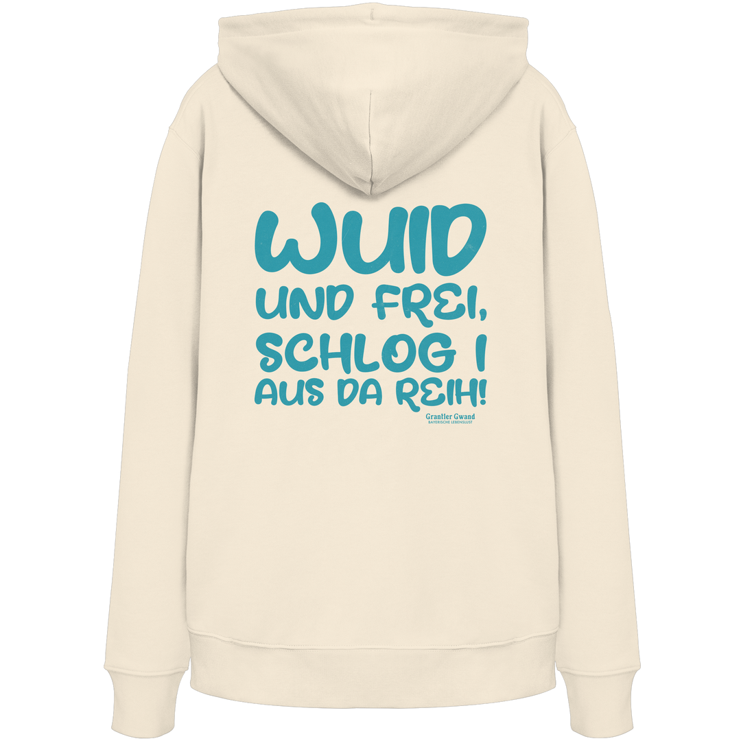 Beiger Wuid und frei Unisex Hoodie mit großem Backprint und bayerischem Spruch. Unisex Streetwear Kapuzenpullover aus Baumwollmischung für Biergarten, Volksfest und Freizeit. Designed und bedruckt in Bayern von Grantler Gwand.