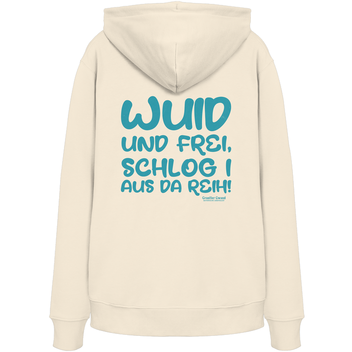 Beiger Wuid und frei Unisex Hoodie mit großem Backprint und bayerischem Spruch. Unisex Streetwear Kapuzenpullover aus Baumwollmischung für Biergarten, Volksfest und Freizeit. Designed und bedruckt in Bayern von Grantler Gwand.