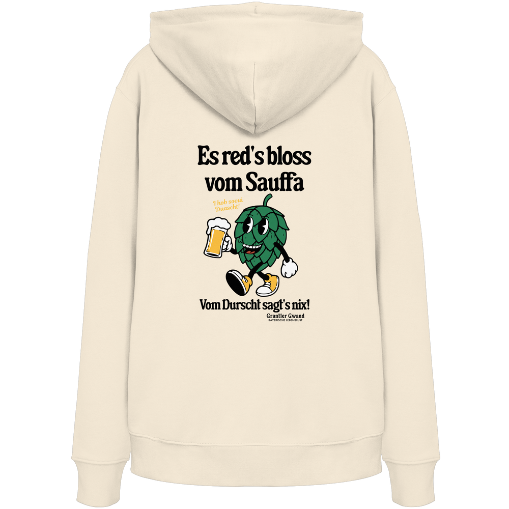Cremefarbener Unisex Hoodie mit „Es red's bloß vom Sauffa“-Backprint und Hopfen-Illustration – bayerischer Statement-Hoodie im Retro-Streetwear-Look von Grantler Gwand.