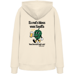 Cremefarbener Unisex Hoodie mit „Es red's bloß vom Sauffa“-Backprint und Hopfen-Illustration – bayerischer Statement-Hoodie im Retro-Streetwear-Look von Grantler Gwand.