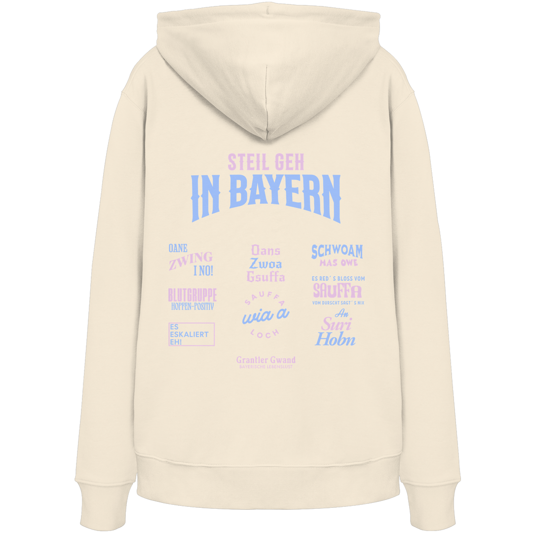 Naturfarbener Hoodie mit großem Backprint aus mehreren bayerischen Dialektsprüchen im modernen Typografie-Design von Grantler Gwand.