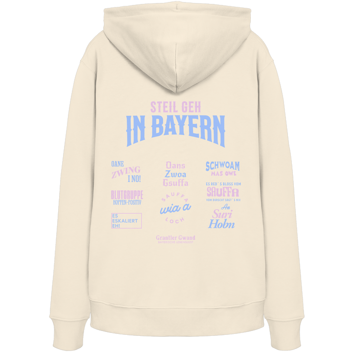 Naturfarbener Hoodie mit großem Backprint aus mehreren bayerischen Dialektsprüchen im modernen Typografie-Design von Grantler Gwand.