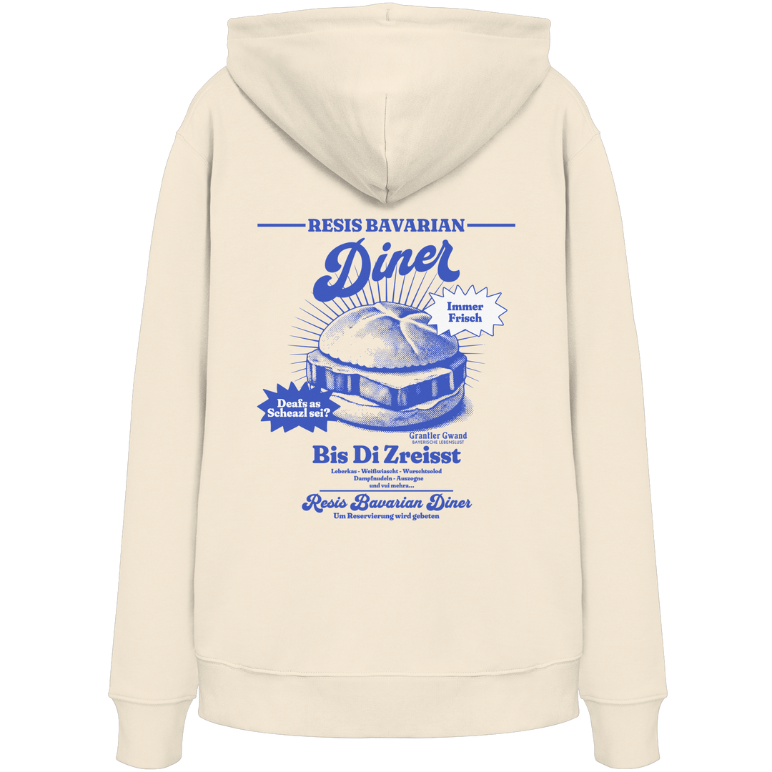 Cremefarbener Hoodie mit Backprint „Resis Bavarian Diner“ – bayerischer Streetwear Hoodie mit Leberkässemmel im Retro-Diner-Design und Vintage-Print von Grantler Gwand.