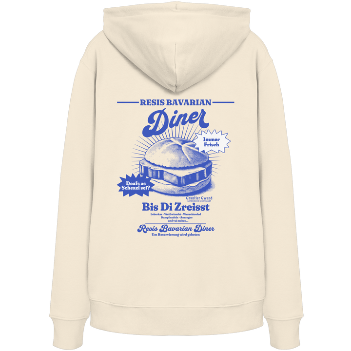 Cremefarbener Hoodie mit Backprint „Resis Bavarian Diner“ – bayerischer Streetwear Hoodie mit Leberkässemmel im Retro-Diner-Design und Vintage-Print von Grantler Gwand.