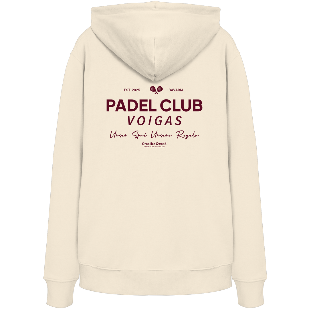 Beiger Unisex Hoodie mit rotem „Padel Club“-Backprint – hochwertiger Streetwear-Hoodie von Grantler Gwand für Padel-Fans.